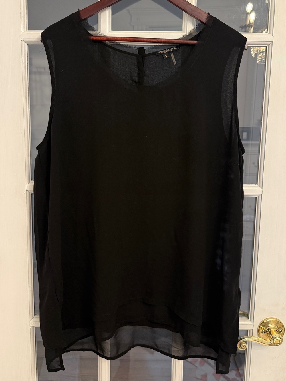 ALBERTO MAKALI Women's Black Sheer Sleeveless Top Frayed Neckline Size XL